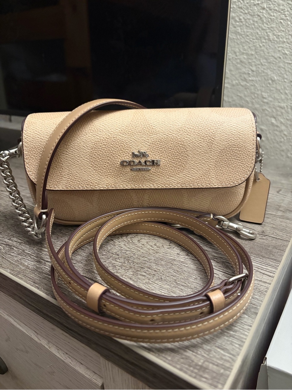 COACH Hailey Flap Bag in Signature Sand/ Taupe